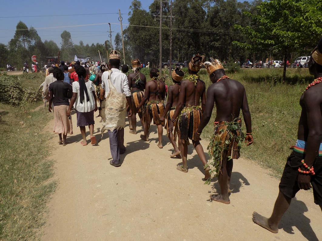Participants from Bududa dressed in antique Gisu traditional wear in the parade